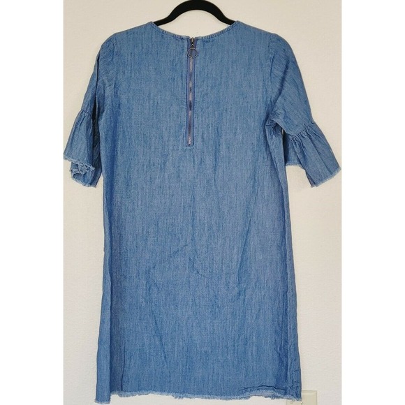 Krazy Kat Blue Chambray Flared Short Sleeve‎ Mini Dress With Frayed Hem. Size S - Picture 4 of 8